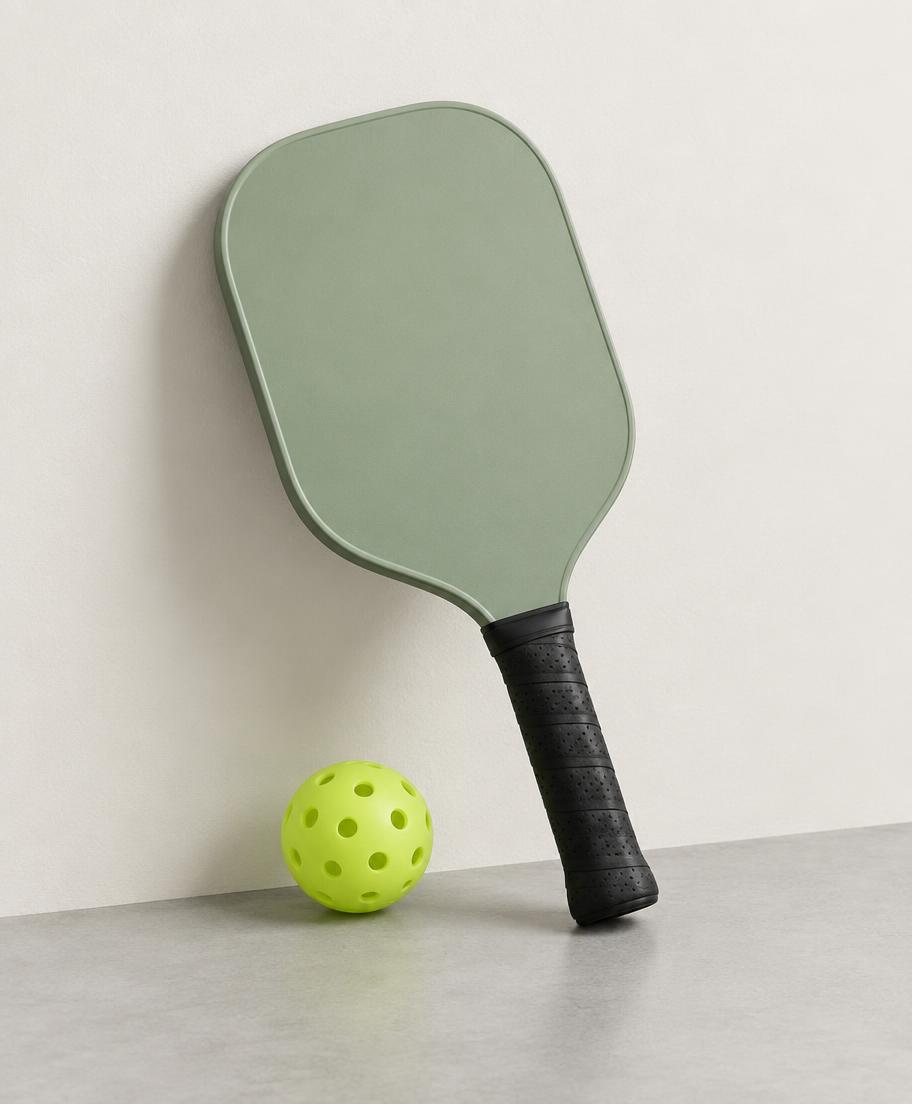 Temporary studio photograph of a sage green beginner pickleball paddle